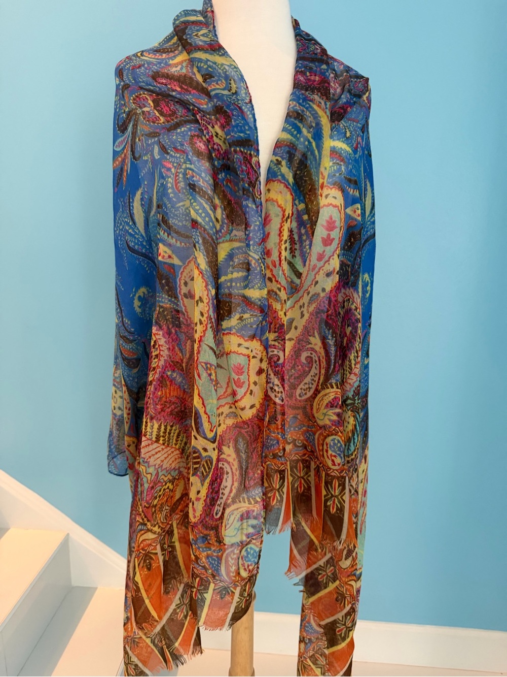 Elegant Multicolor Paisley Lightweight Scarf - Blue & Orange